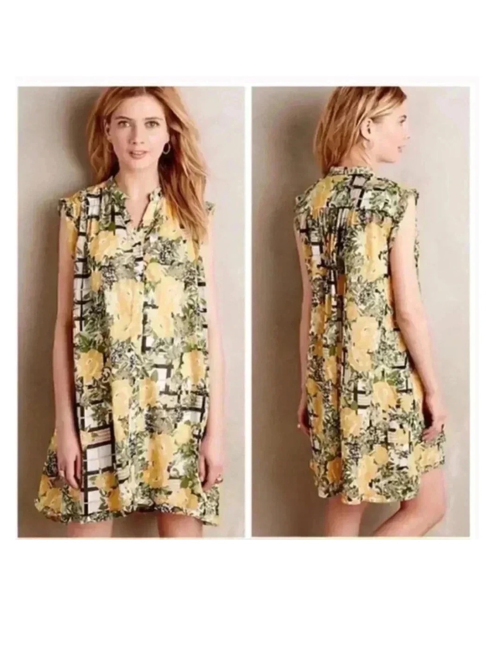 Anthropologie Porridge Sleeveless Yellow Floral Mini Dress with Green Accents